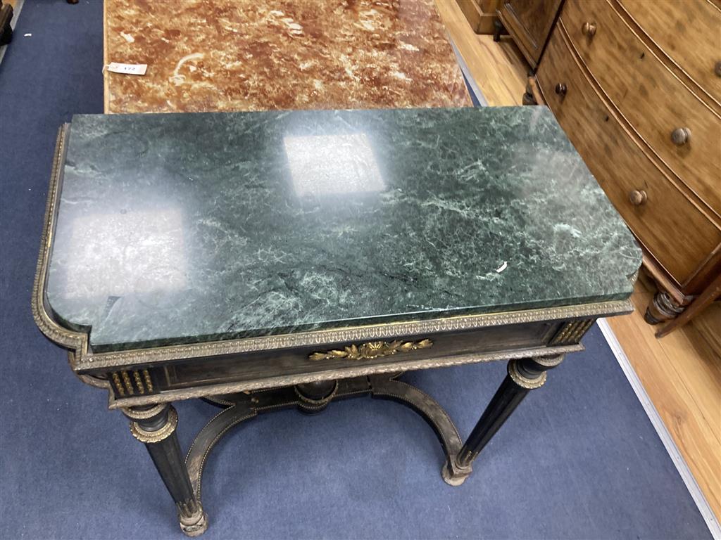 A 19th century French ebonised marble top jardiniere table, width 88cm, depth 48cm, height 86cm